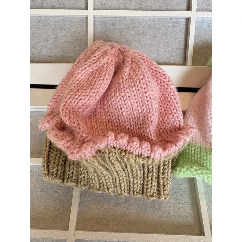 3 Hand‎ knitted Crotcheted Baby Caps/ Hats Cupcake Strawberry & Beanie
